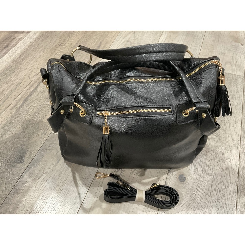 Coofit Black Sequin Vegan Leather Satchel Crossbody Bag Tassel Gold Hardware - Picture 2 of 7
